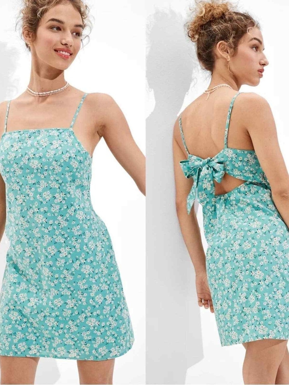 American Eagle Floral Blue-Green Open Back Tie Mini Dress Size Small